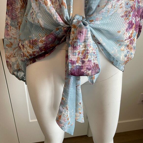 Lovestitch LS Sheer Tunic Length Open Front Tie Floral Kimono Style Top Blue S - Picture 6 of 11